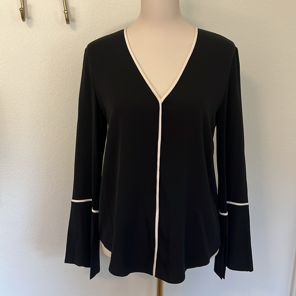 St. John Black Blouse with Creamy White Piping and Bell slit Sleeve Size Small